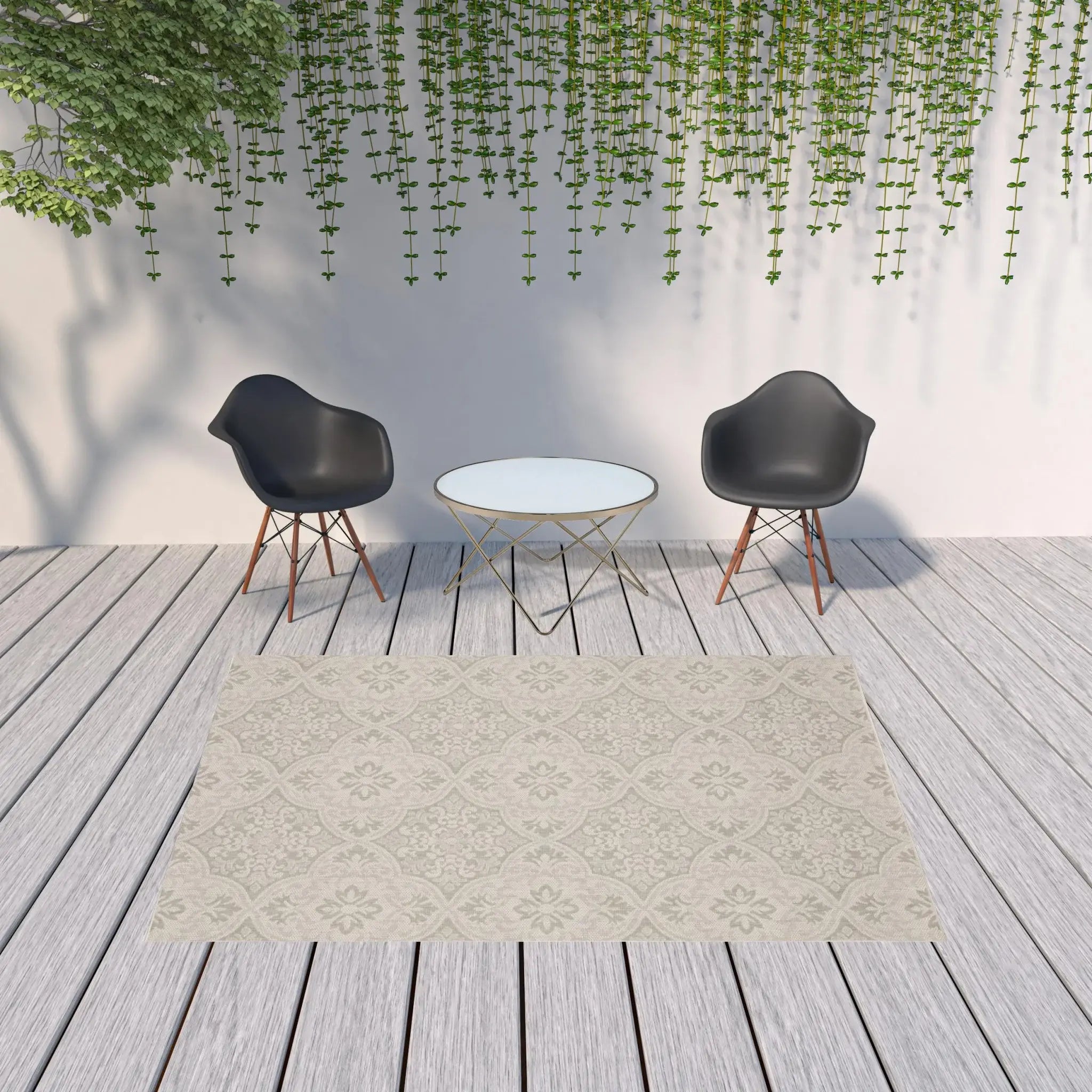7' X 9' Gray and Ivory Floral Stain Resistant Indoor Outdoor Area Rug - Homeroots - Flyclothing LLC