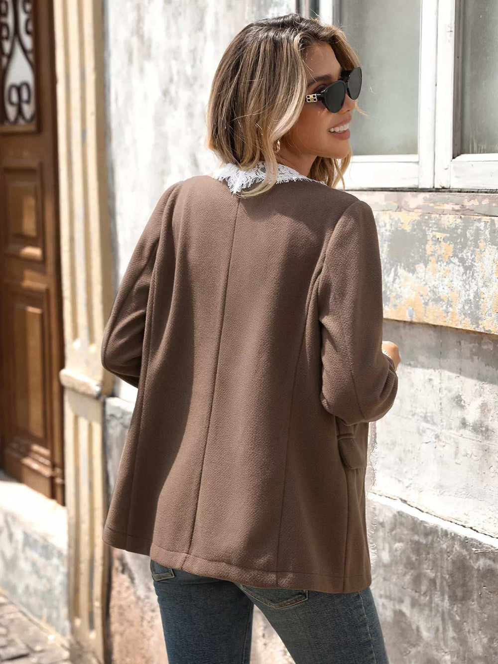 Lace Detail Button Up Blazer - Trendsi - Flyclothing LLC