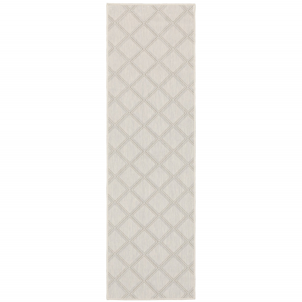 2' X 7' Gray and Ivory Geometric Stain Resistant Indoor Outdoor Area Rug