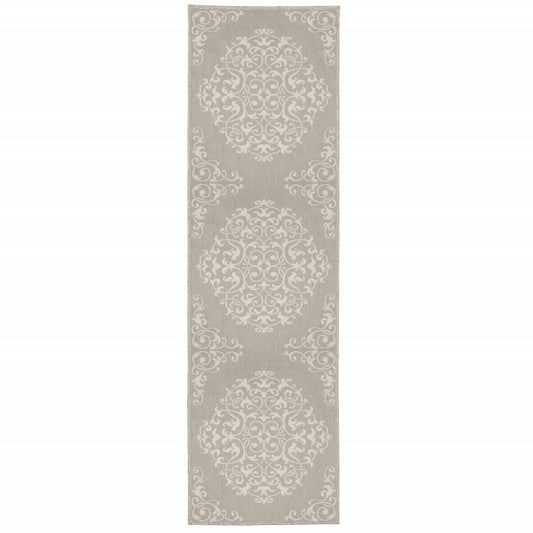 2' X 7' Gray and Ivory Oriental Stain Resistant Indoor Outdoor Area Rug