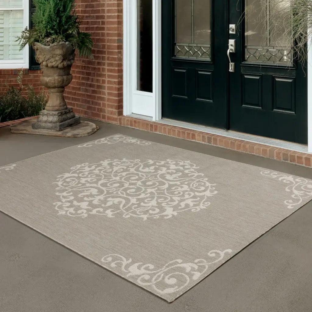 10' X 13' Gray and Ivory Oriental Stain Resistant Indoor Outdoor Area Rug - Homeroots - Flyclothing LLC