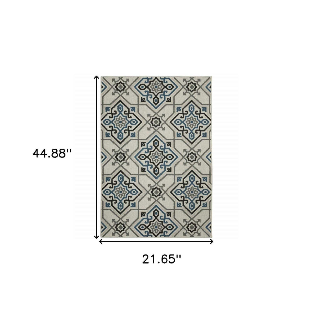 2' X 4' Blue and Beige Oriental Stain Resistant Indoor Outdoor Area Rug - Homeroots - Flyclothing LLC