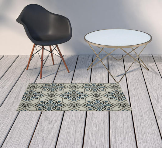 2' X 4' Blue and Beige Oriental Stain Resistant Indoor Outdoor Area Rug
