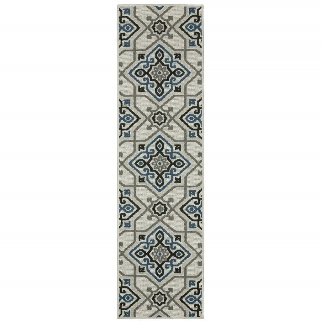 2' X 7' Blue and Beige Oriental Stain Resistant Indoor Outdoor Area Rug - Homeroots - Flyclothing LLC