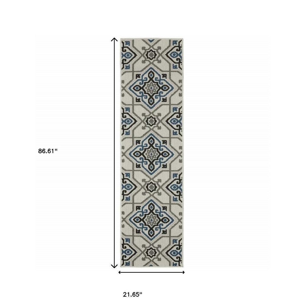 2' X 7' Blue and Beige Oriental Stain Resistant Indoor Outdoor Area Rug - Homeroots - Flyclothing LLC
