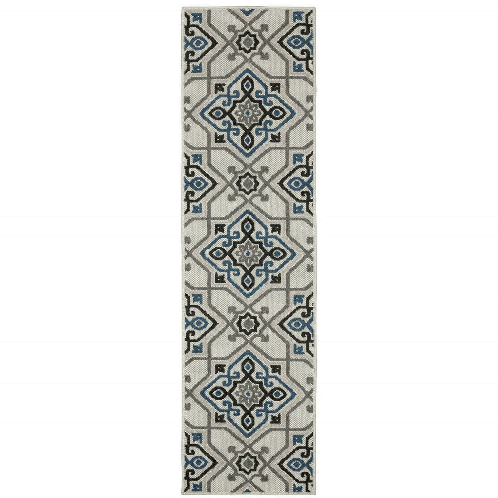 2' X 7' Blue and Beige Oriental Stain Resistant Indoor Outdoor Area Rug