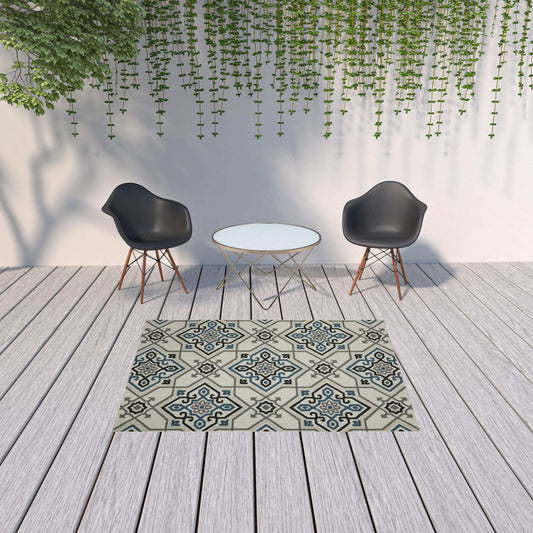 5' X 7' Blue and Beige Oriental Stain Resistant Indoor Outdoor Area Rug - Homeroots - Flyclothing LLC