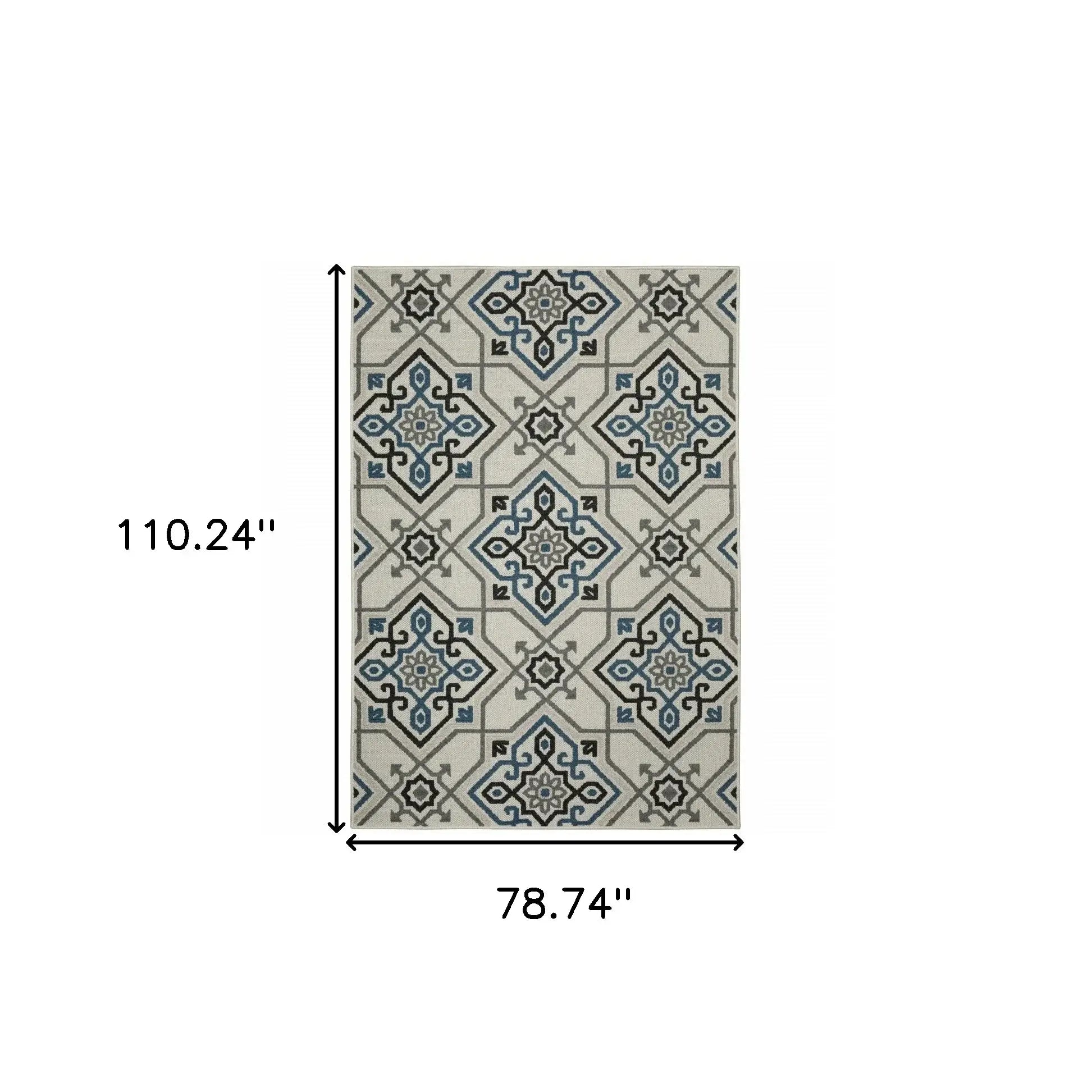 7' X 9' Blue and Beige Oriental Stain Resistant Indoor Outdoor Area Rug - Homeroots - Flyclothing LLC