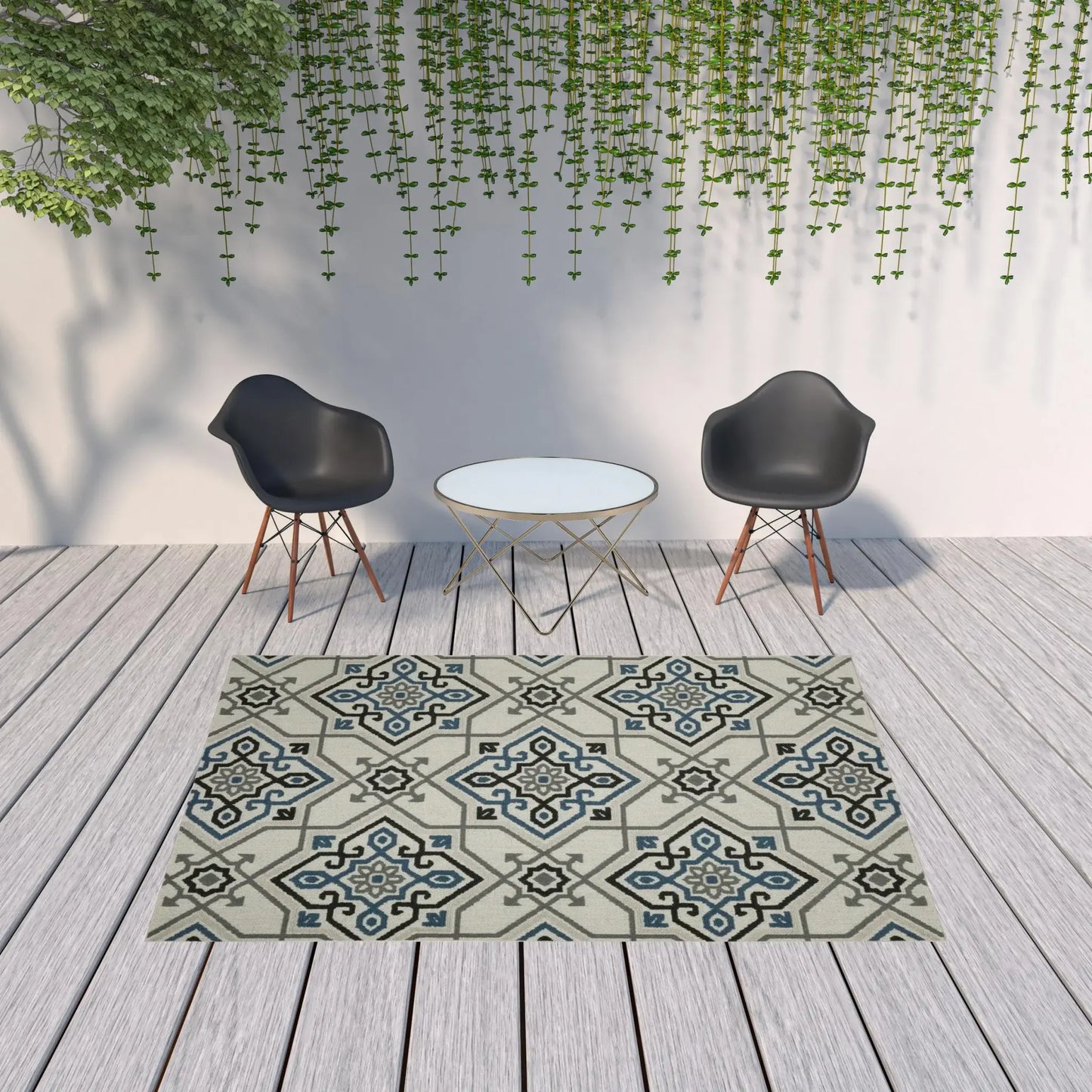 7' X 9' Blue and Beige Oriental Stain Resistant Indoor Outdoor Area Rug - Homeroots - Flyclothing LLC