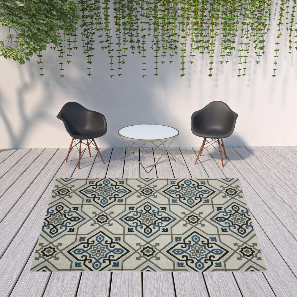 8' X 10' Blue and Beige Oriental Stain Resistant Indoor Outdoor Area Rug - Homeroots - Flyclothing LLC