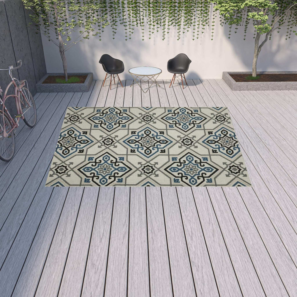 10' X 13' Blue and Beige Oriental Stain Resistant Indoor Outdoor Area Rug - Homeroots - Flyclothing LLC