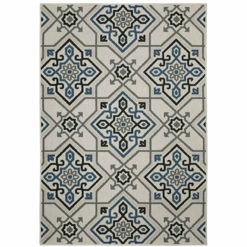 10' X 13' Blue and Beige Oriental Stain Resistant Indoor Outdoor Area Rug - Homeroots