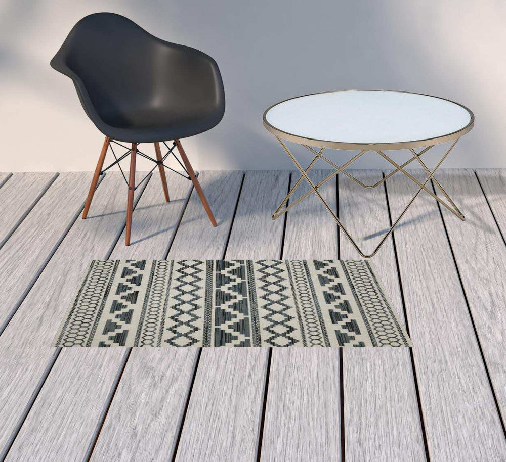 2' X 4' Blue and Beige Geometric Stain Resistant Indoor Outdoor Area Rug - Homeroots - Flyclothing LLC