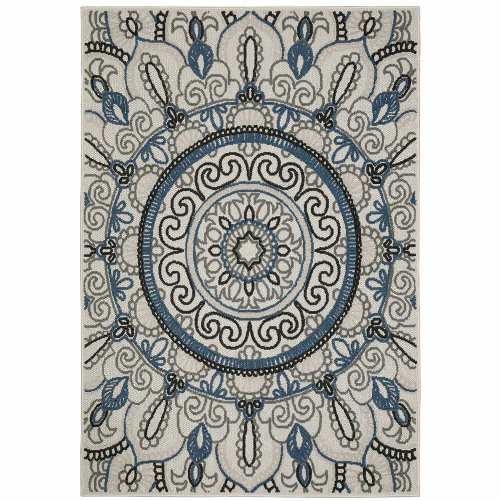 2' X 4' Blue and Beige Geometric Stain Resistant Indoor Outdoor Area Rug