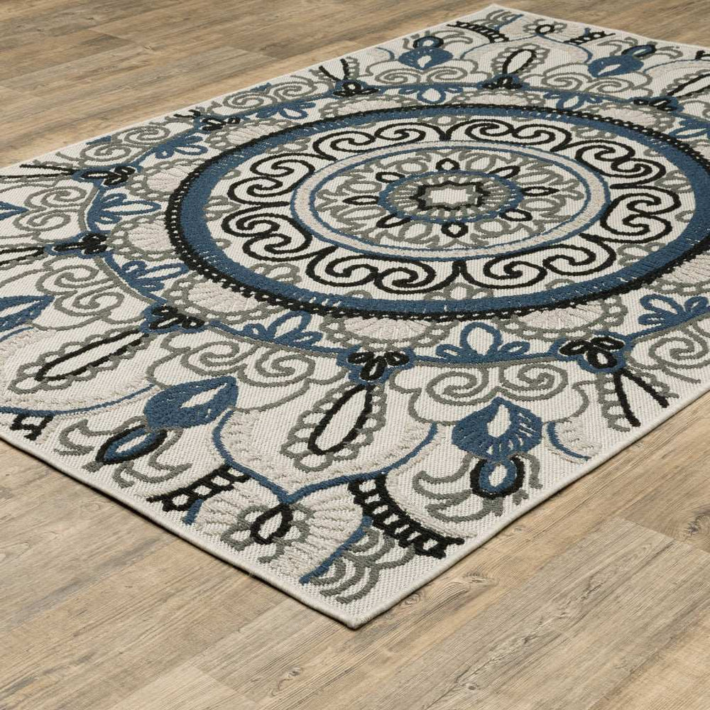 2' X 4' Blue and Beige Geometric Stain Resistant Indoor Outdoor Area Rug - Homeroots - Flyclothing LLC