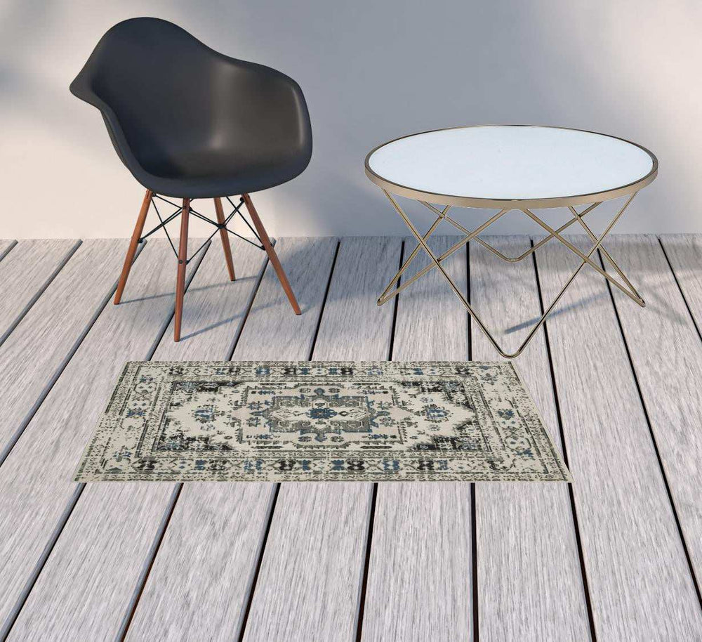 2' X 4' Blue and Beige Oriental Stain Resistant Indoor Outdoor Area Rug - Homeroots - Flyclothing LLC
