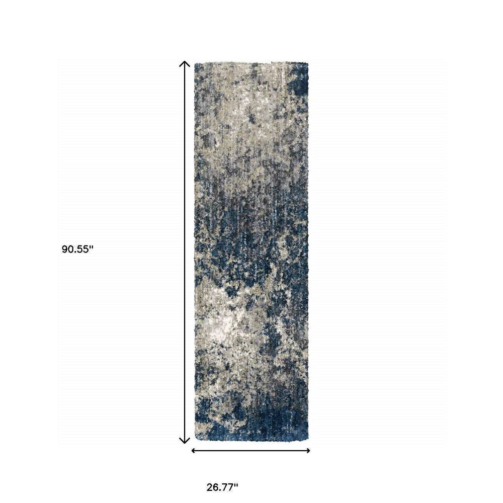 2' X 8' Blue And Grey Abstract Shag Power Loom Stain Resistant Runner Rug - Homeroots - Flyclothing LLC