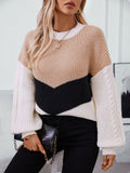Contrast Round Neck Long Sleeve Sweater - Trendsi