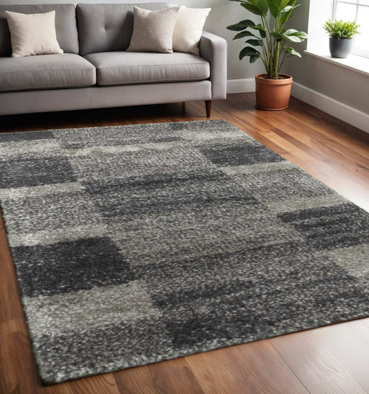 5' X 8' Black and Gray Geometric Shag Power Loom Area Rug - Homeroots - Flyclothing LLC
