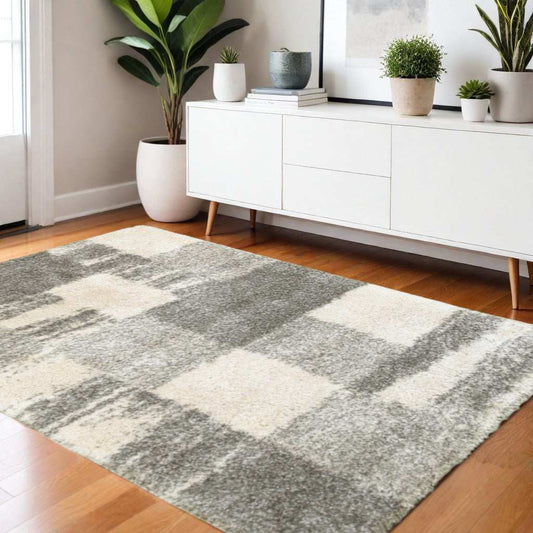 4' X 6' Grey Ivory And Silver Geometric Shag Power Loom Stain Resistant Area Rug - Homeroots - Flyclothing LLC