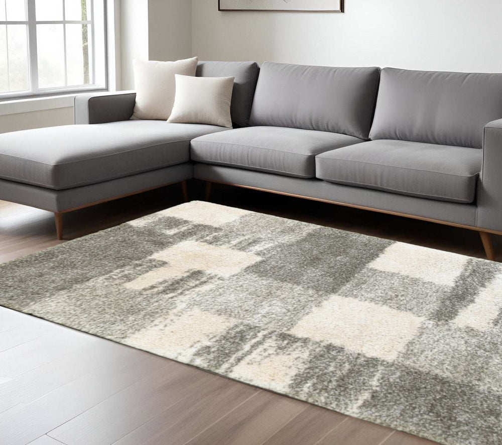 8' X 11' Grey Ivory And Silver Geometric Shag Power Loom Stain Resistant Area Rug - Homeroots - Flyclothing LLC