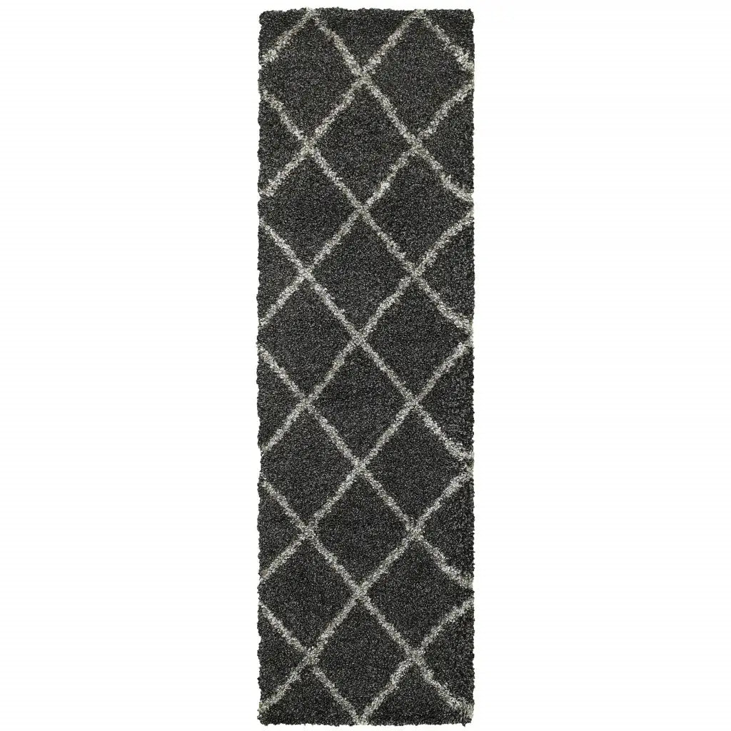 2' X 8' Charcoal And Grey Geometric Shag Power Loom Stain Resistant Runner Rug - Homeroots - Flyclothing LLC