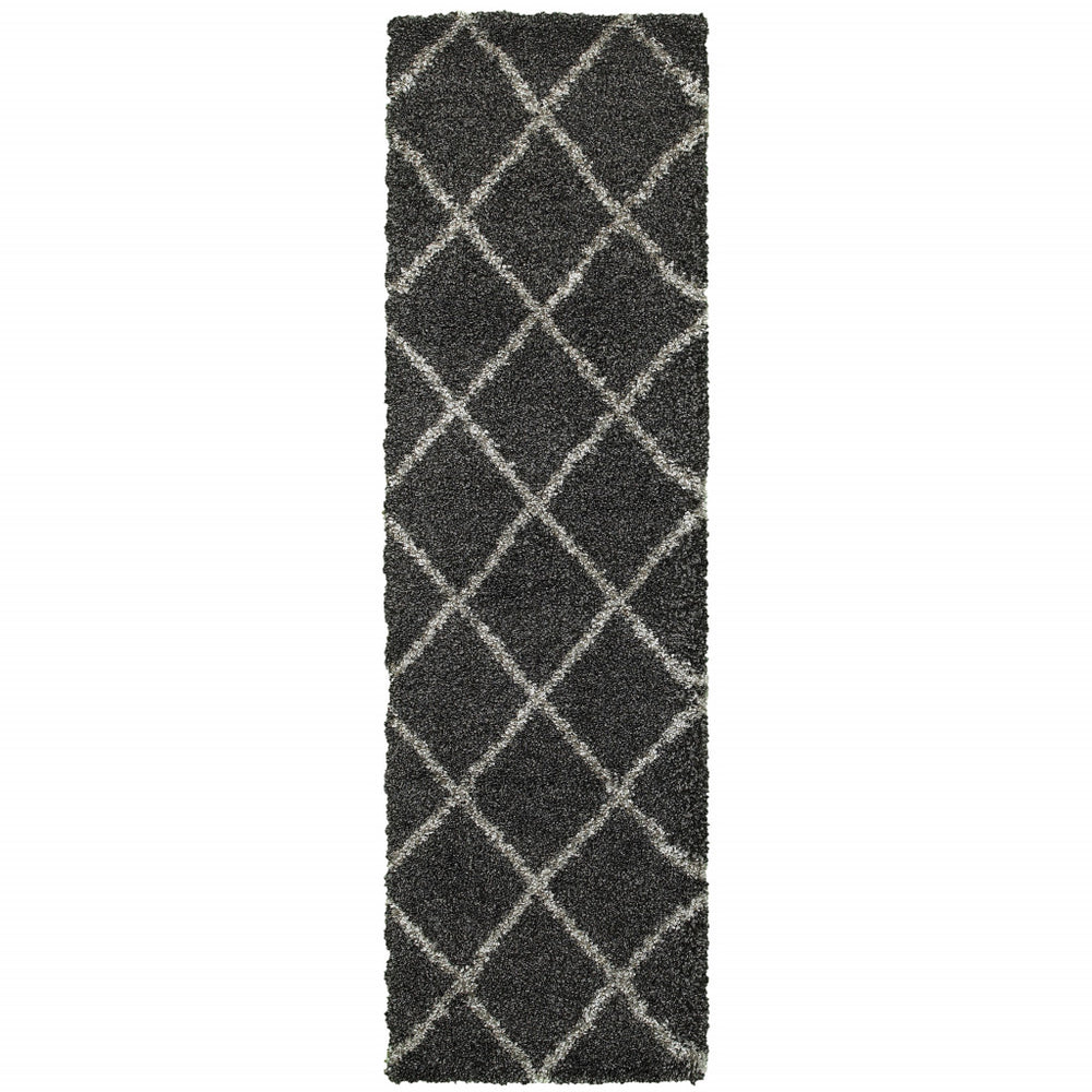 2' X 8' Charcoal And Grey Geometric Shag Power Loom Stain Resistant Runner Rug - Homeroots