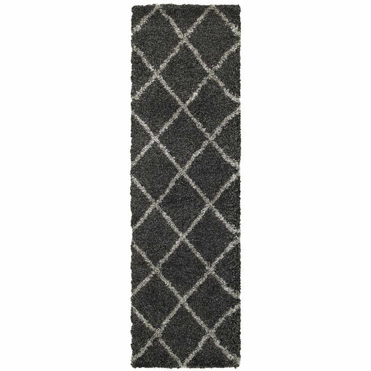 2' X 8' Charcoal And Grey Geometric Shag Power Loom Stain Resistant Runner Rug - Homeroots - Flyclothing LLC