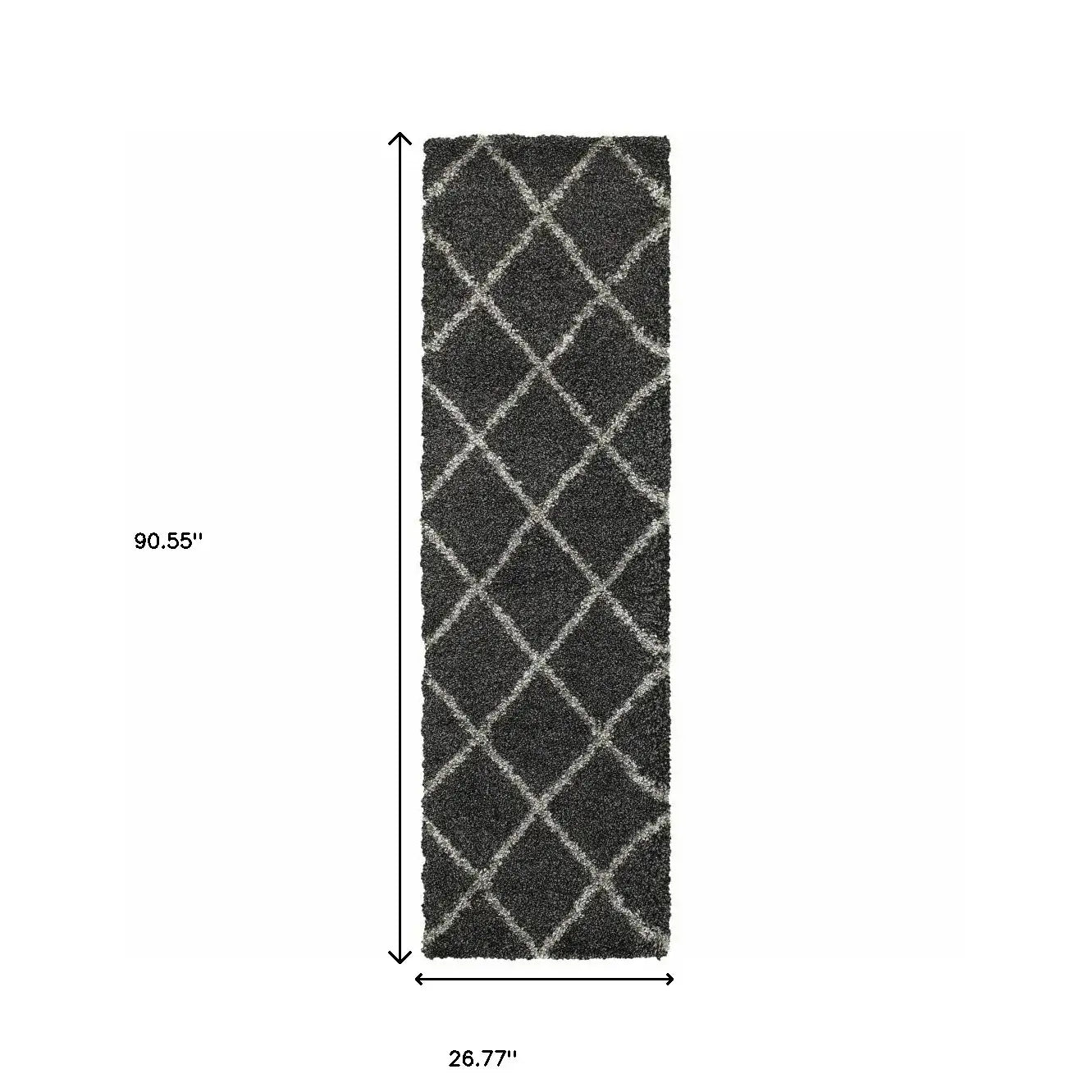 2' X 8' Charcoal And Grey Geometric Shag Power Loom Stain Resistant Runner Rug - Homeroots - Flyclothing LLC