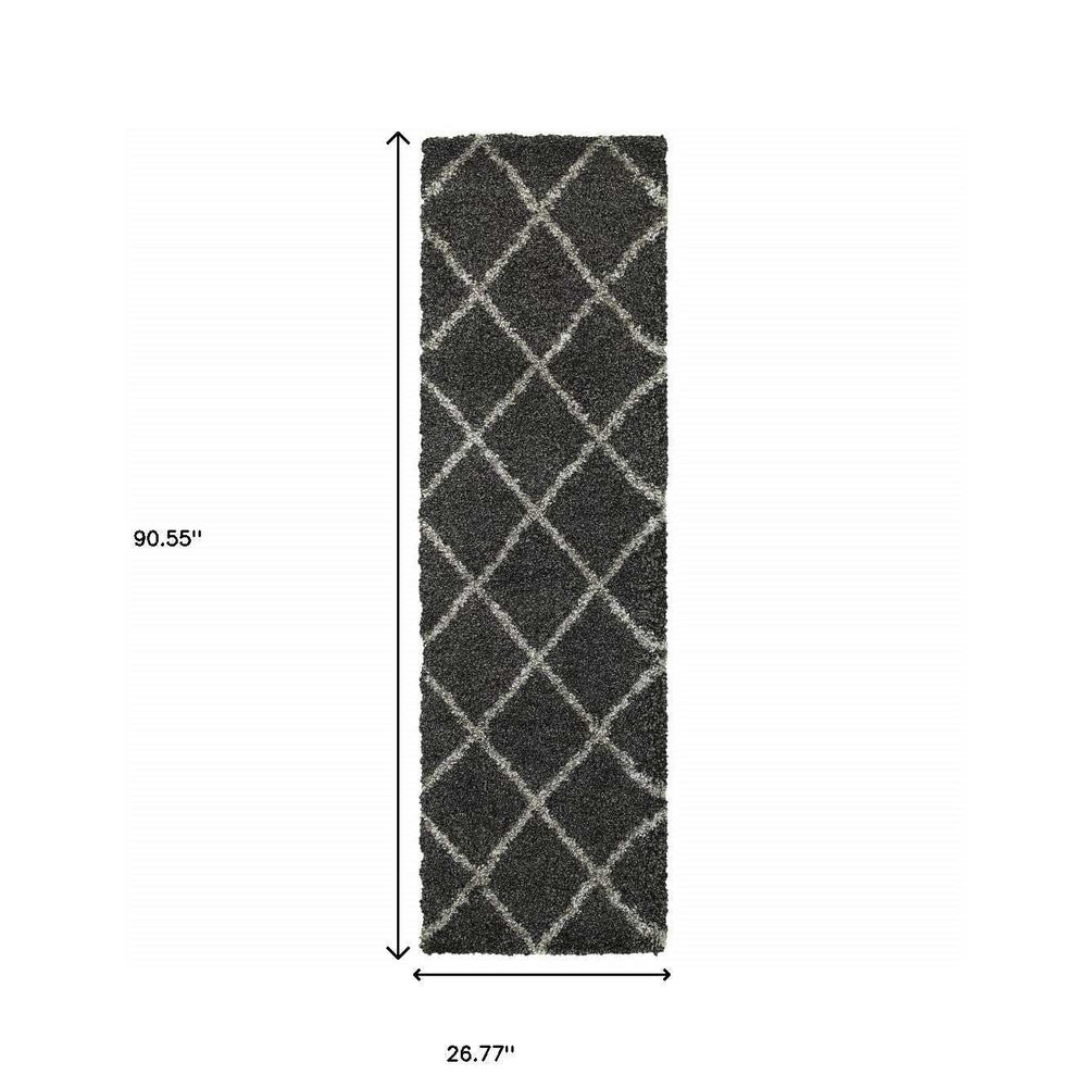 2' X 8' Charcoal And Grey Geometric Shag Power Loom Stain Resistant Runner Rug - Homeroots - Flyclothing LLC