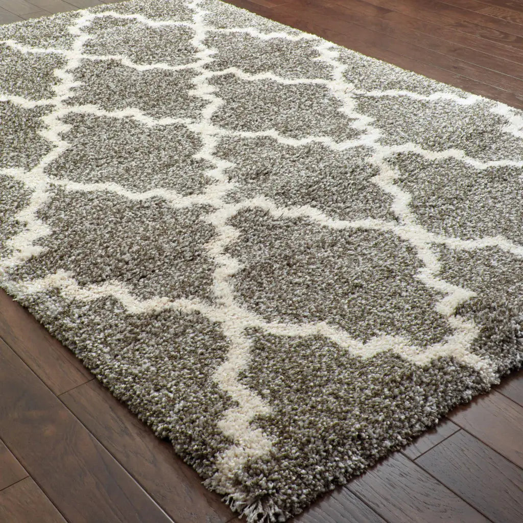 10' X 13' Grey And Ivory Geometric Shag Power Loom Stain Resistant Area Rug - Homeroots - Flyclothing LLC