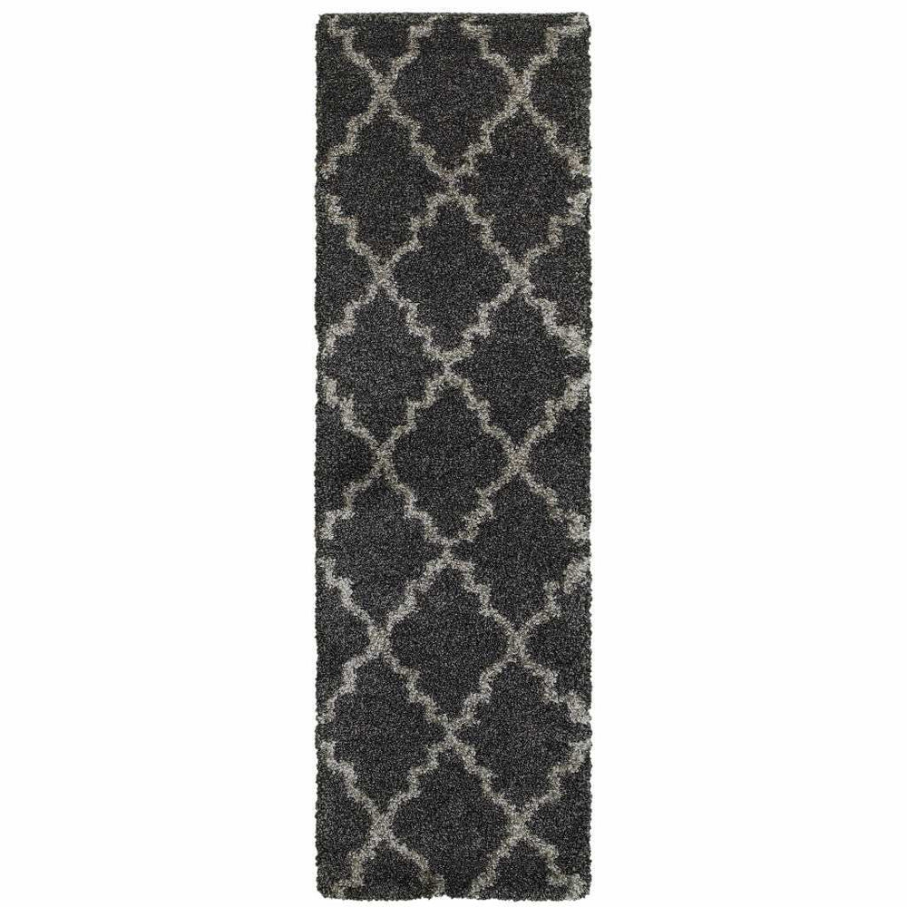 2' X 8' Charcoal And Grey Geometric Shag Power Loom Stain Resistant Runner Rug - Homeroots - Flyclothing LLC