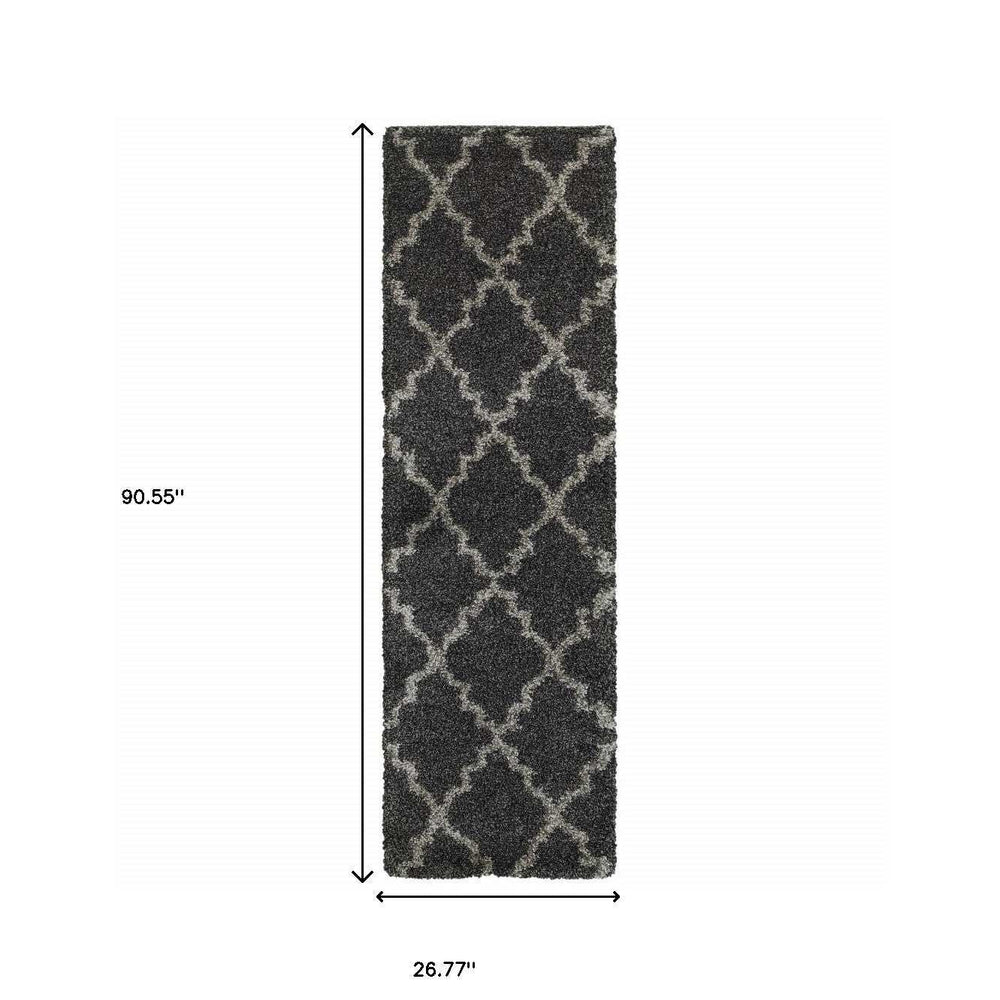 2' X 8' Charcoal And Grey Geometric Shag Power Loom Stain Resistant Runner Rug - Homeroots - Flyclothing LLC