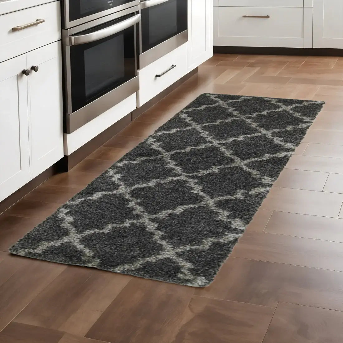 2' X 8' Charcoal And Grey Geometric Shag Power Loom Stain Resistant Runner Rug - Homeroots - Flyclothing LLC