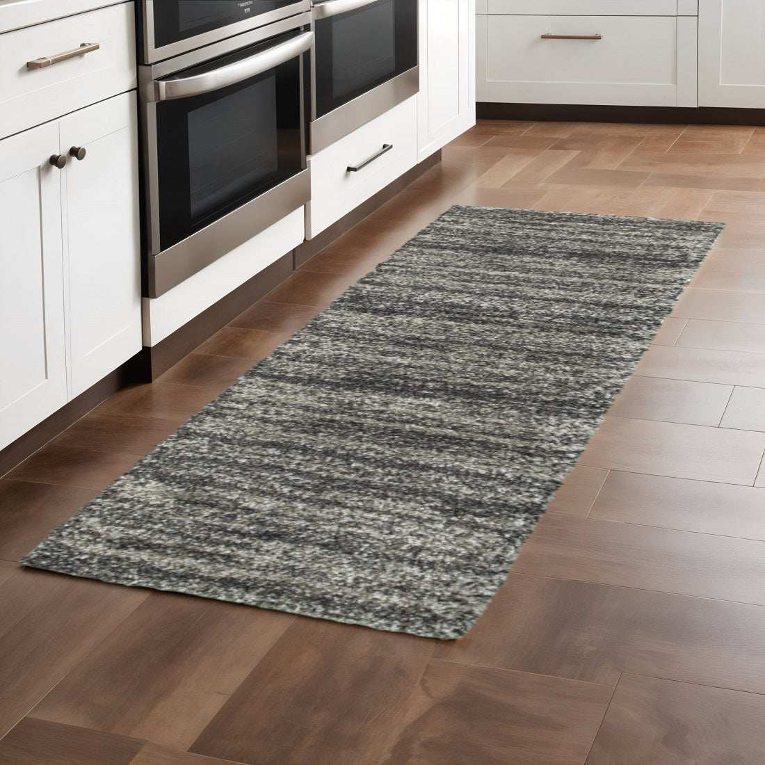 8' Black and Gray Geometric Shag Power Loom Runner Rug - Homeroots - Flyclothing LLC