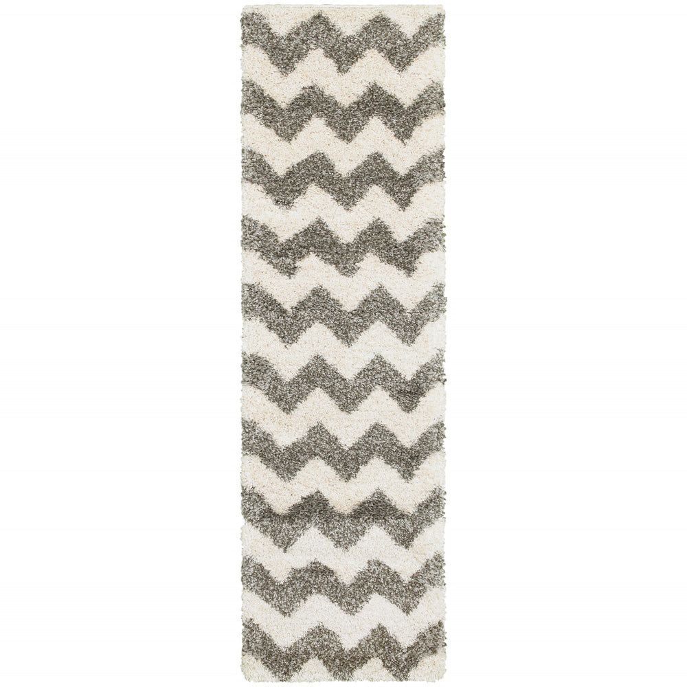2' X 8' Grey And Ivory Geometric Shag Power Loom Stain Resistant Runner Rug