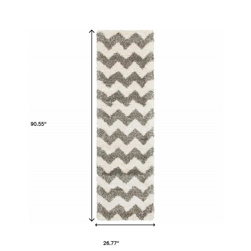 2' X 8' Grey And Ivory Geometric Shag Power Loom Stain Resistant Runner Rug - Homeroots - Flyclothing LLC