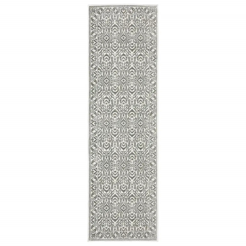 2' X 8' Grey And White Floral Power Loom Stain Resistant Runner Rug - Homeroots - Flyclothing LLC