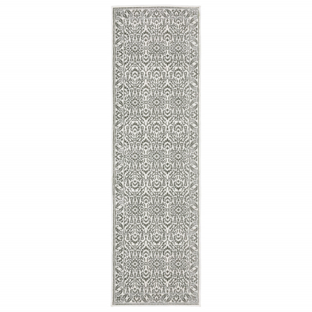 2' X 8' Grey And White Floral Power Loom Stain Resistant Runner Rug - Homeroots