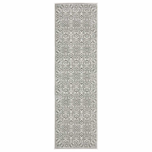 2' X 8' Grey And White Floral Power Loom Stain Resistant Runner Rug - Homeroots - Flyclothing LLC
