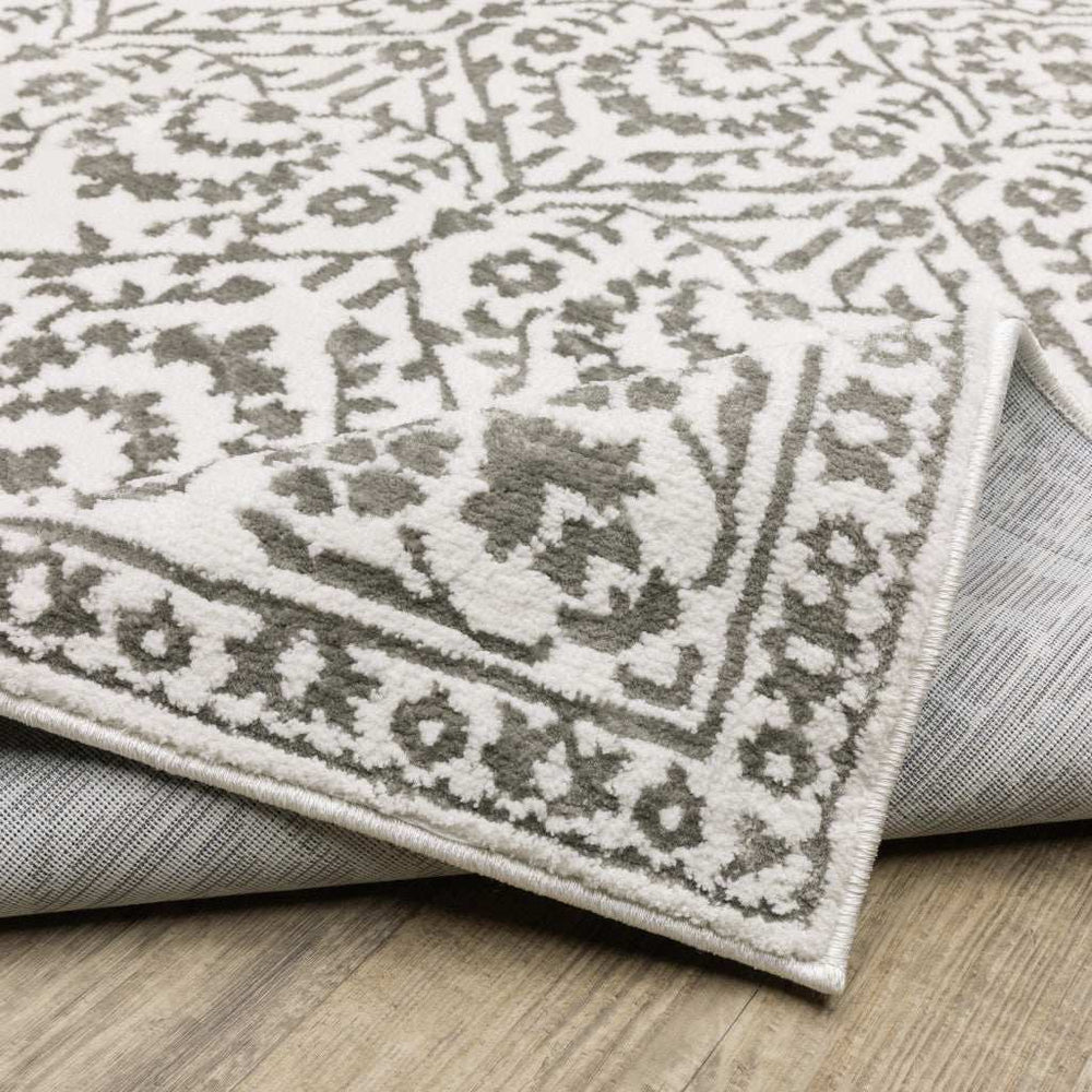 2' X 8' Grey And White Floral Power Loom Stain Resistant Runner Rug - Homeroots - Flyclothing LLC