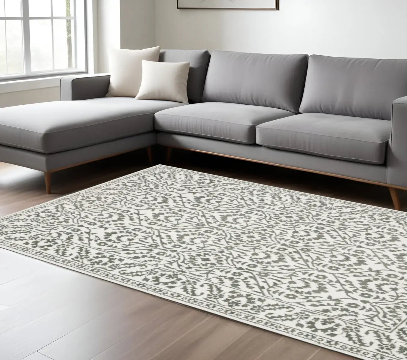 8' X 11' Grey And White Floral Power Loom Stain Resistant Area Rug - Homeroots - Flyclothing LLC