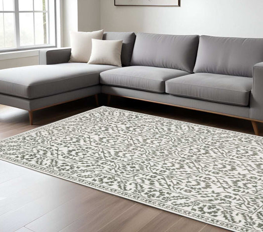 8' X 11' Grey And White Floral Power Loom Stain Resistant Area Rug - Homeroots - Flyclothing LLC