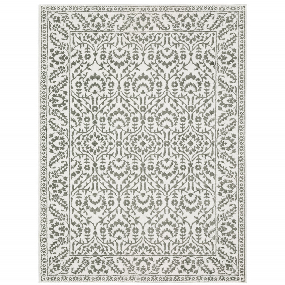 10' X 13' Grey And White Floral Power Loom Stain Resistant Area Rug