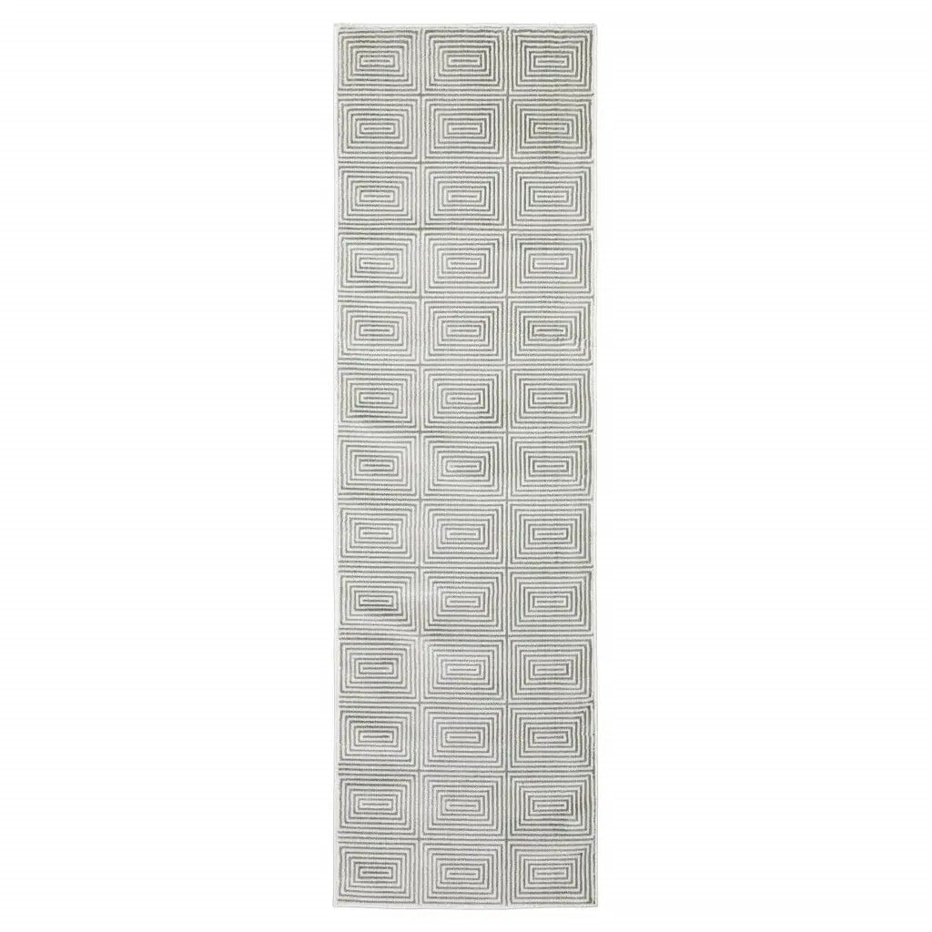2' X 8' Grey And White Geometric Power Loom Stain Resistant Runner Rug - Homeroots - Flyclothing LLC