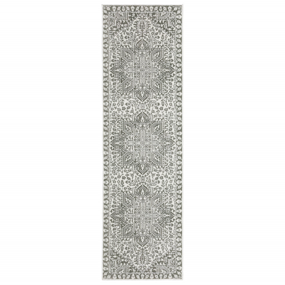 2' X 8' Grey And White Oriental Power Loom Stain Resistant Runner Rug