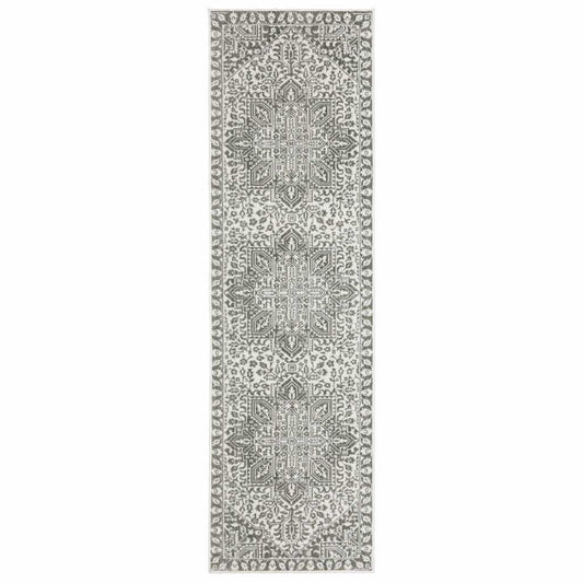 2' X 8' Grey And White Oriental Power Loom Stain Resistant Runner Rug - Homeroots - Flyclothing LLC