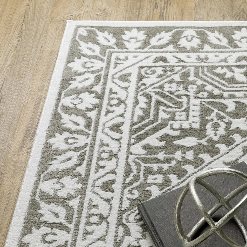 2' X 8' Grey And White Oriental Power Loom Stain Resistant Runner Rug - Homeroots - Flyclothing LLC