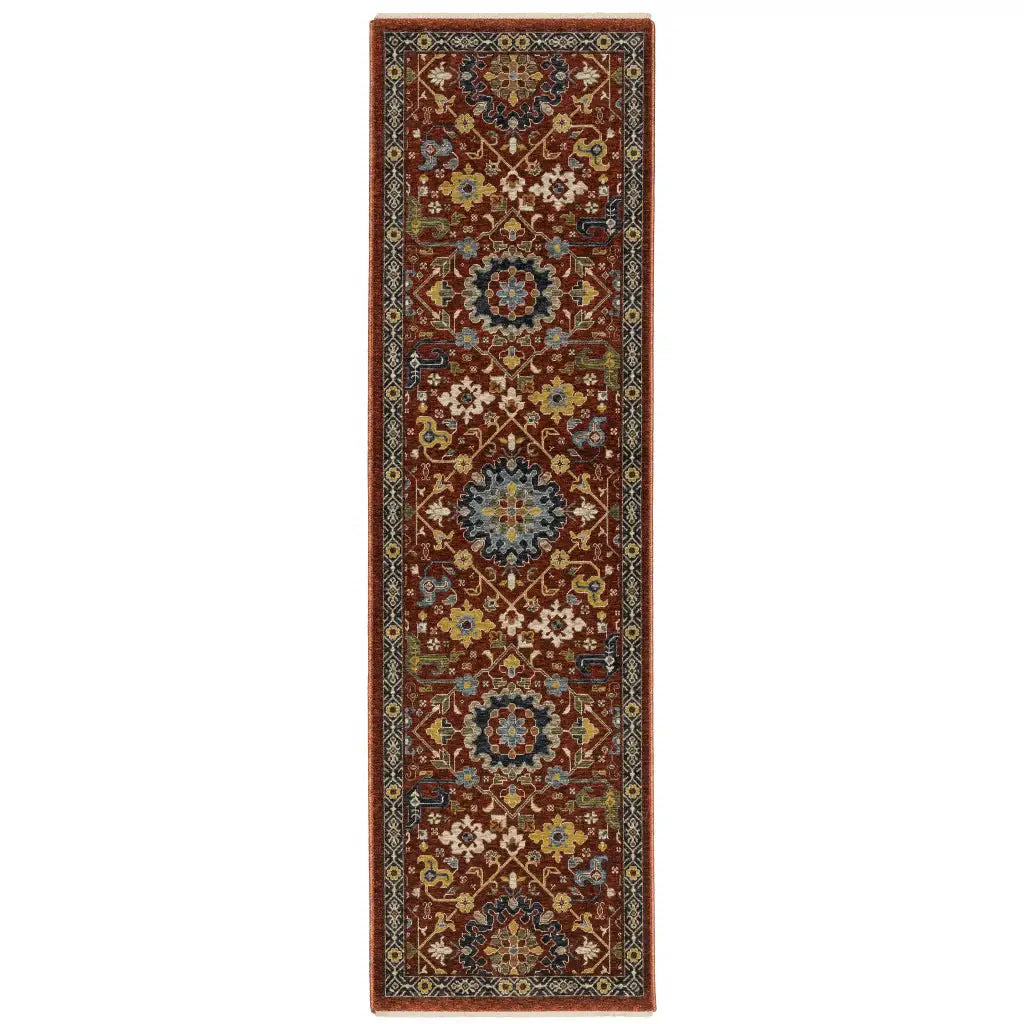2' X 8' Red Blue Gold And Ivory Oriental Power Loom Stain Resistant Runner Rug With Fringe - Homeroots - Flyclothing LLC