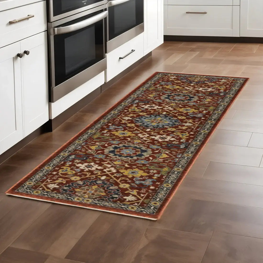 2' X 8' Red Blue Gold And Ivory Oriental Power Loom Stain Resistant Runner Rug With Fringe - Homeroots - Flyclothing LLC